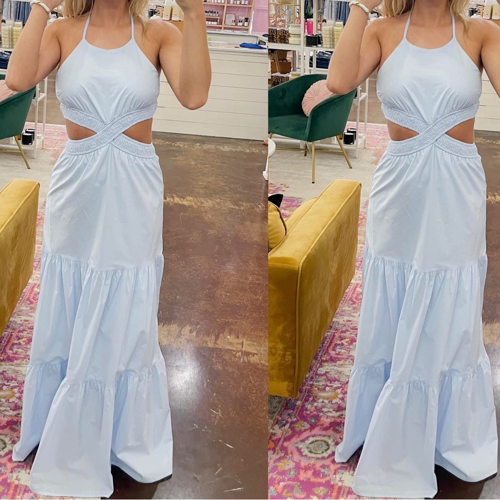 EUC light blue Waist Cut Out Tiered Maxi Dress